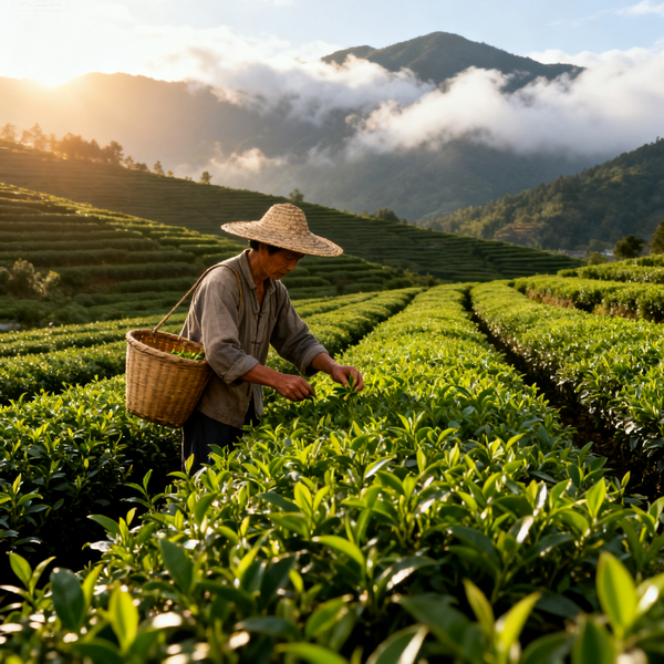 A farmer picking tea leaves in a lush green tea field with scenic mountain views in the background