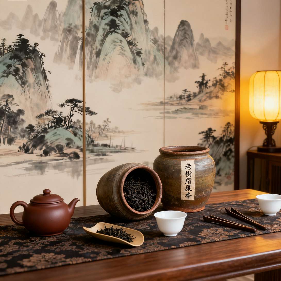 A traditional tea setup with a teapot, cups, and a plate of tea leaves, accompanied by two ceramic jars, one open and filled with tea, set against a painted mountain landscape in the background, creating a serene and cultural tea ceremony atmosphere.