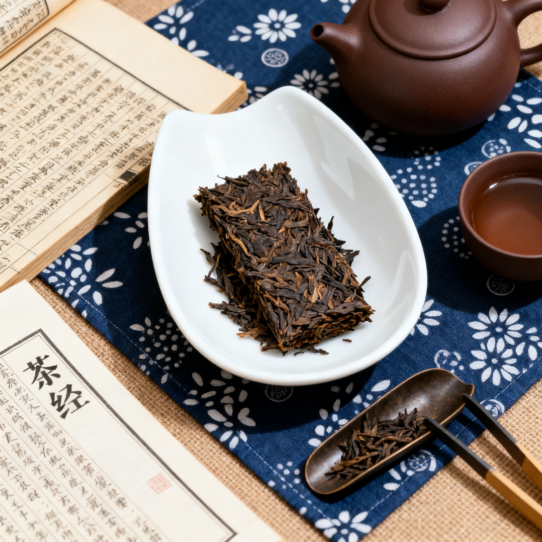 1993 Pu-erh tea brick on white dish with teapot, teacup, and ancient tea book.