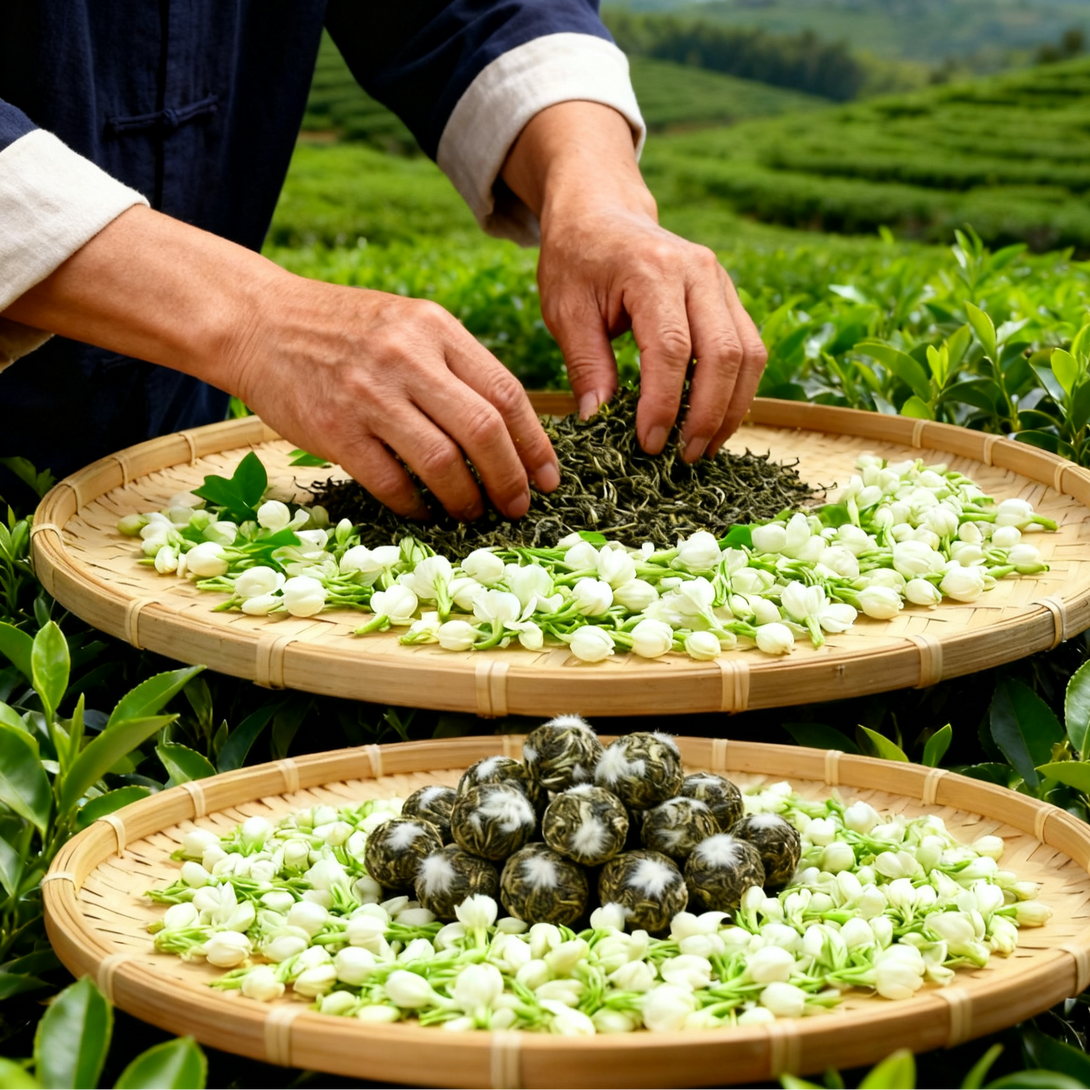 Person carefully sorting green tea leaves and jasmine flowers on a bamboo tray in a scenic tea field