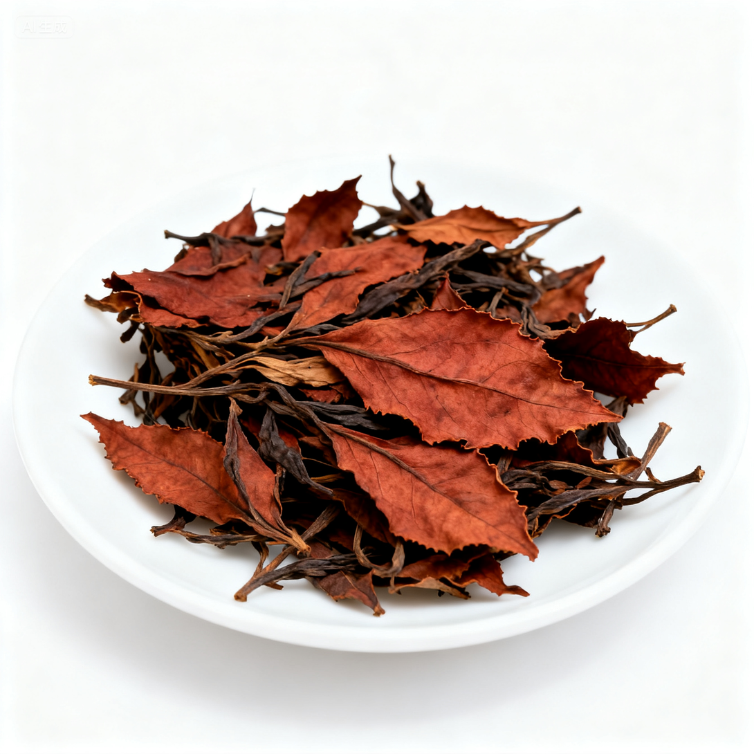 Close-up of brewed Pu-erh tea leaves on white ceramic plate.