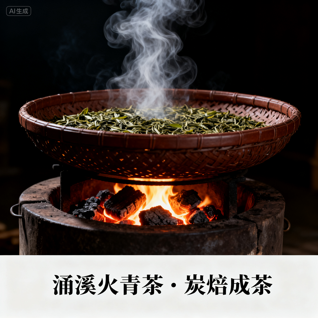 Traditional Chinese tea roasting over charcoal fire with steam rising from fresh leaves
