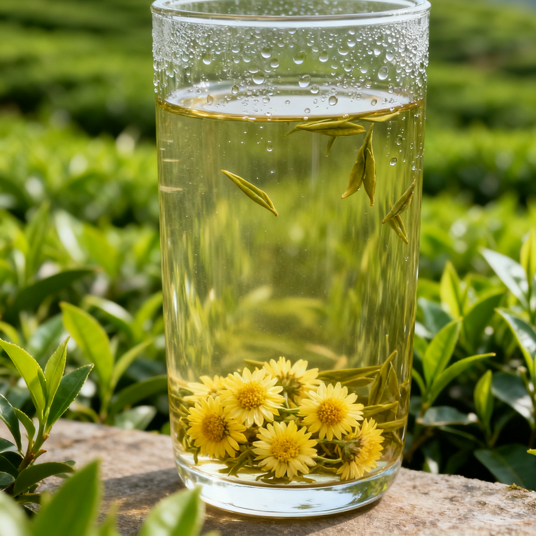 Glass of chrysanthemum green tea with fresh tea leaves in garden background