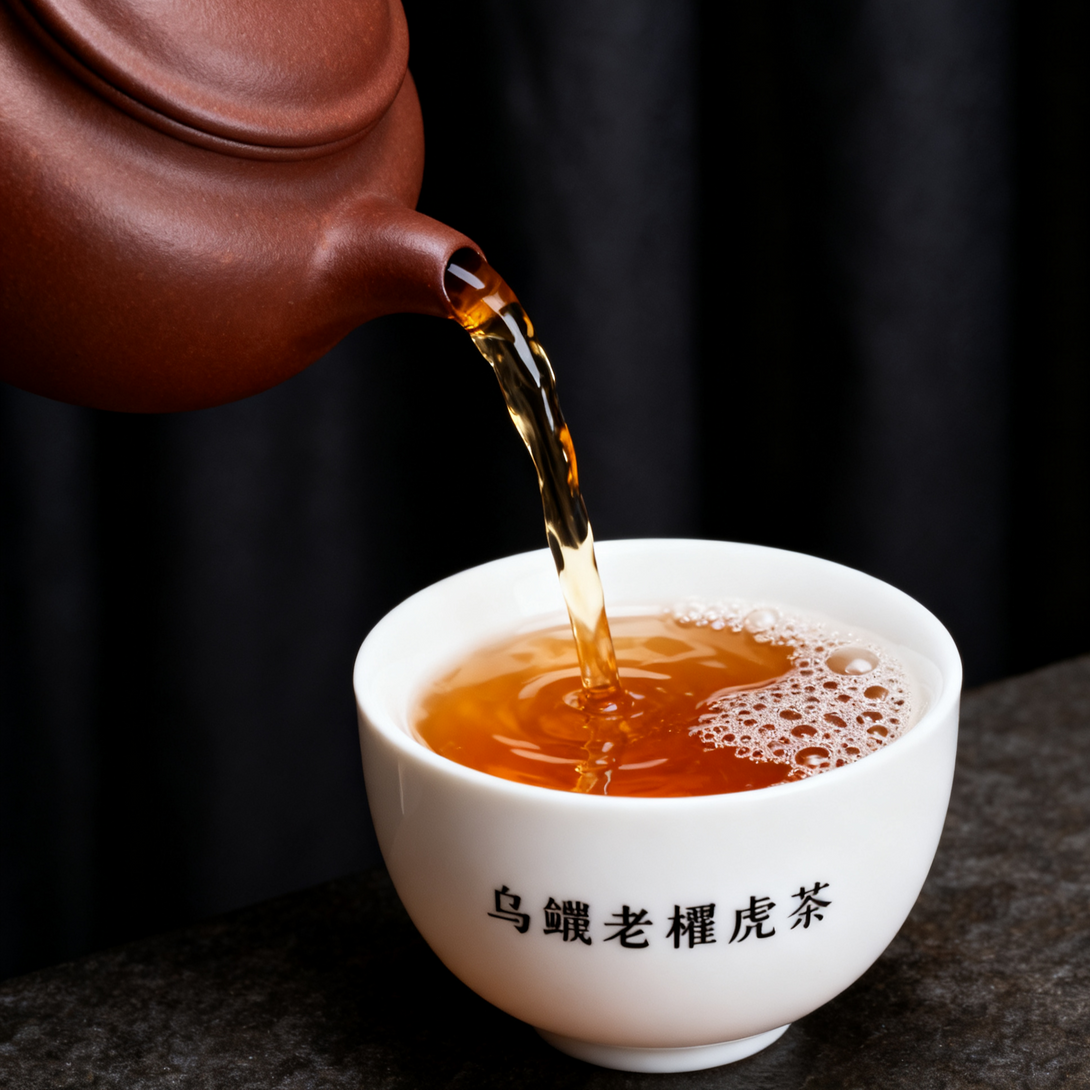 Tea being poured from a teapot into a white cup with black text on a dark background