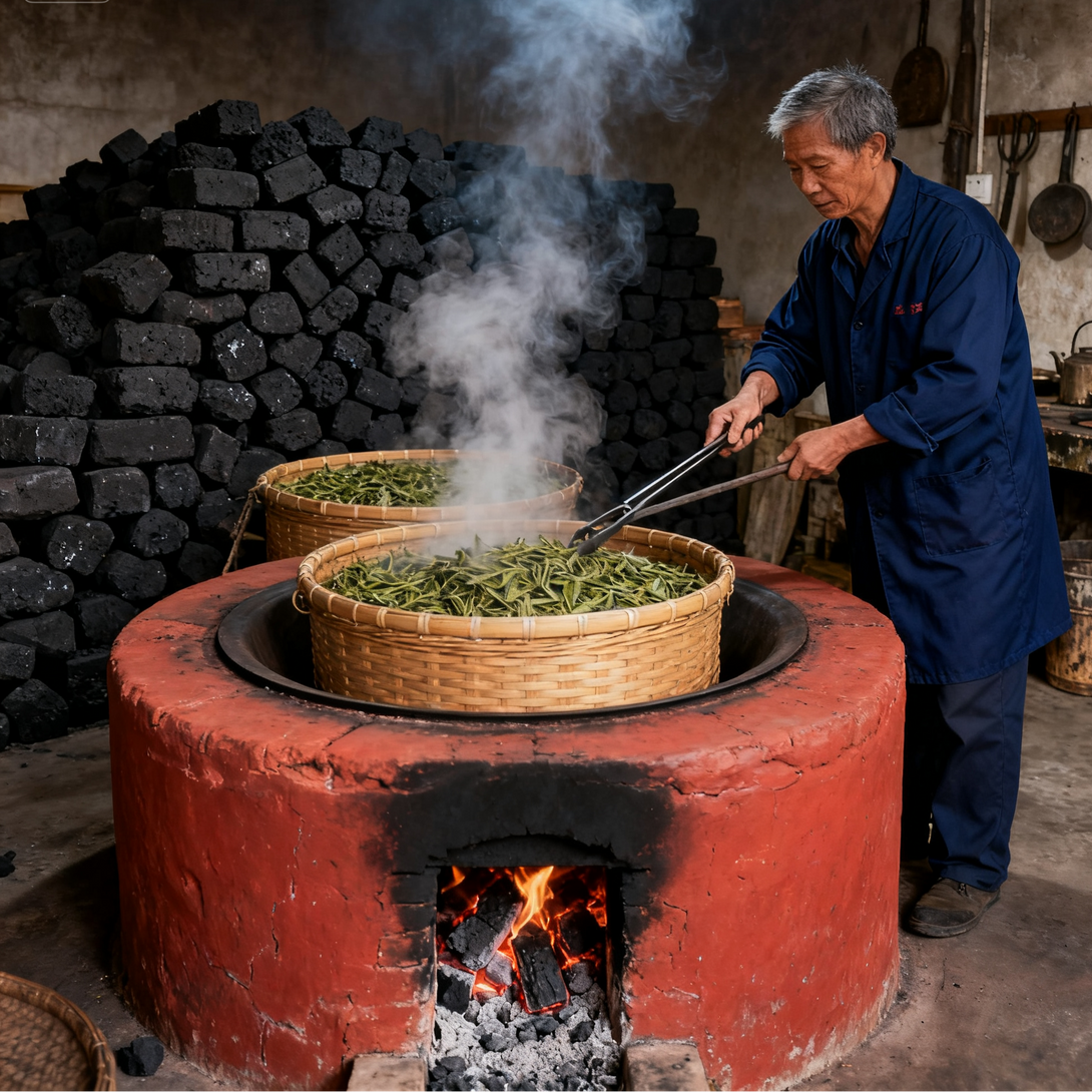 An older man using tongs to stir tea leaves in a traditional wok, with smoke rising from the basket over a fire, surrounded by black charcoal in a rustic tea processing area.
