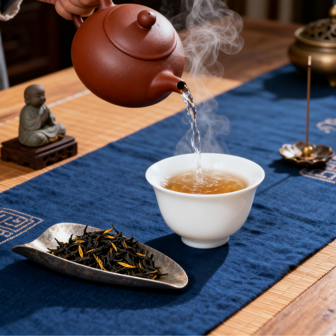 Pouring freshly brewed tea from a traditional teapot into a white cup, with tea leaves and a small Buddha statue on a blue cloth