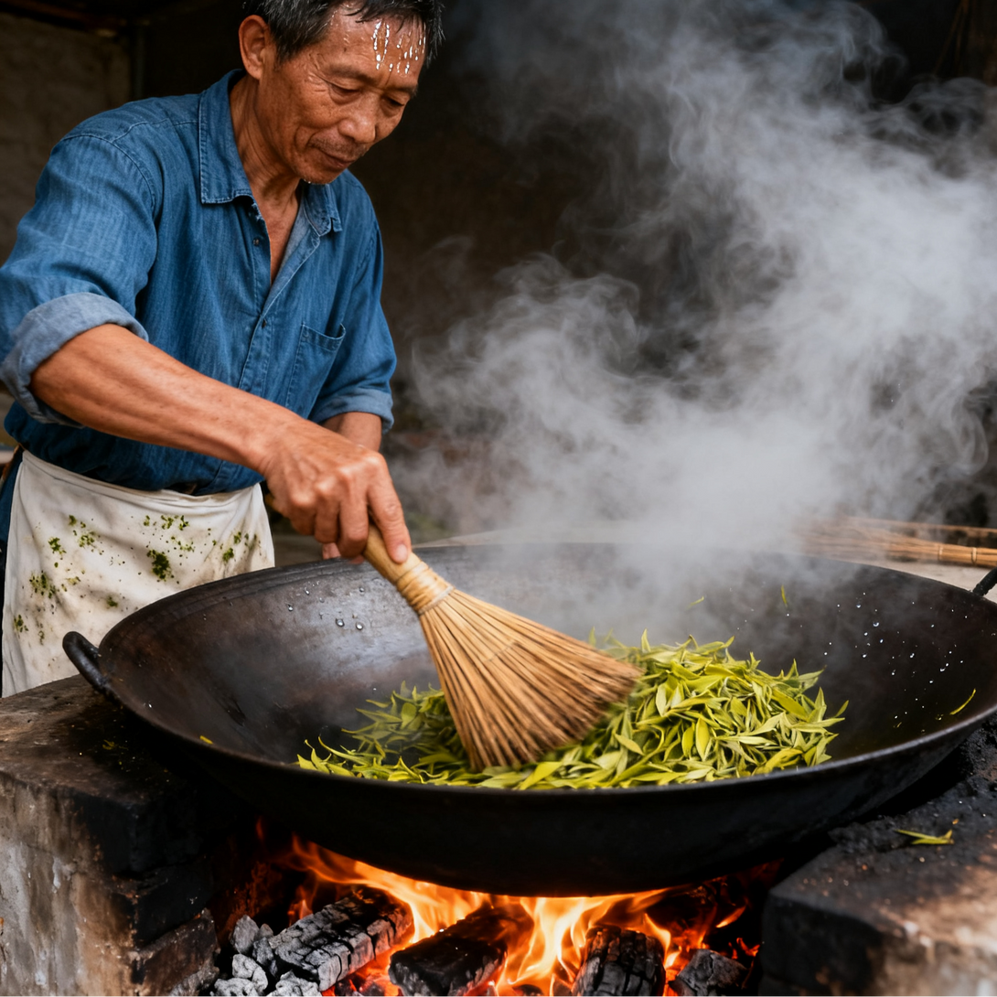 An elderly man skillfully stir-frying freshly picked tea leaves in a large wok over an open fire. Smoke rises from the wok as he uses a wooden broom to toss the leaves, with a rustic stone stove in the background.
