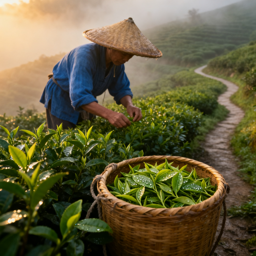Tea farmer harvesting fresh tea leaves into a bamboo basket in a misty mountain tea plantation at sunrise