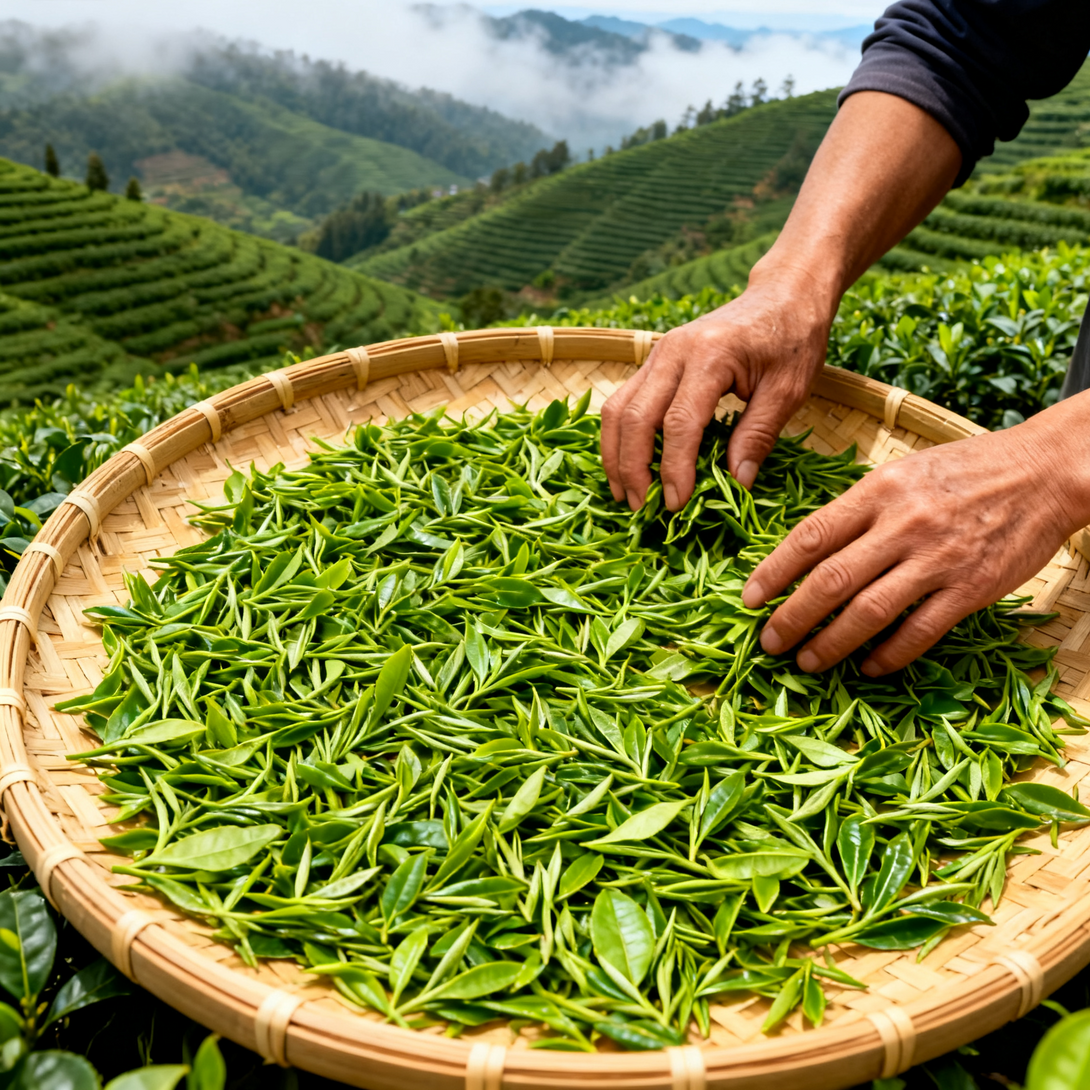 Freshly picked Chinese green tea leaves sorted in traditional bamboo tray, premium quality loose leaf tea from mountain plantation