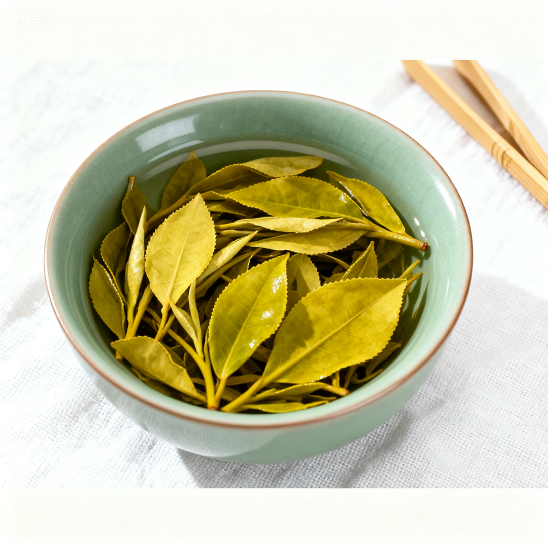 Close-up of infused tea leaves in ceramic bowl on white cloth background