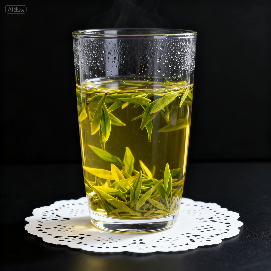 Brewed green tea leaves floating in a glass cup with steam rising
