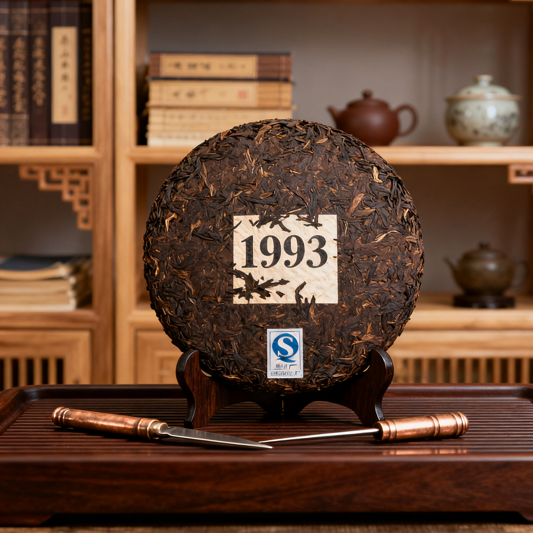 1993 Pu-erh tea cake on wooden stand with tea knives and traditional teaware background.