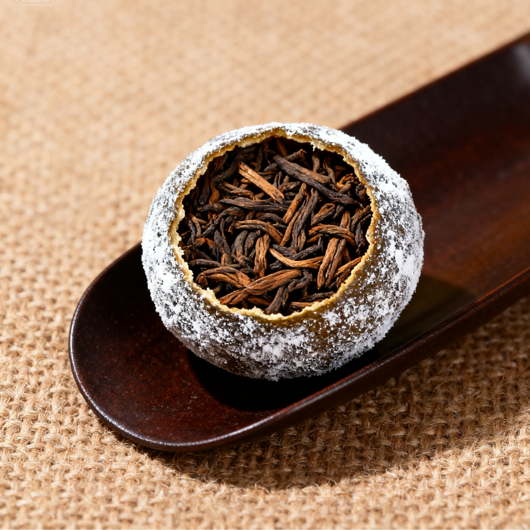 Stuffed citrus peel with dark tea leaves, known as Chenpi Pu-erh tea.