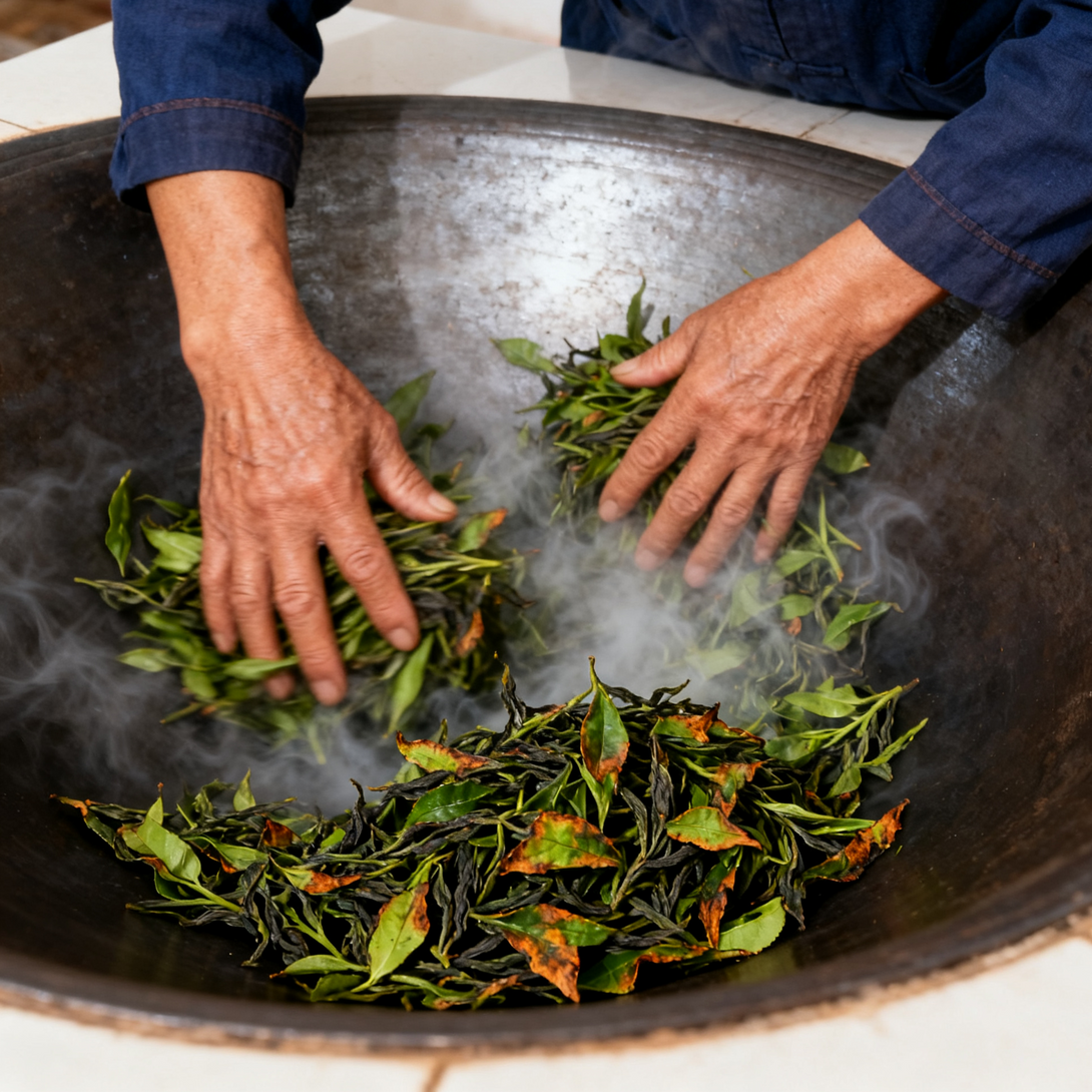 Tea maker stirring freshly harvested green tea leaves in a large wok with steam rising, traditional tea processing method.
