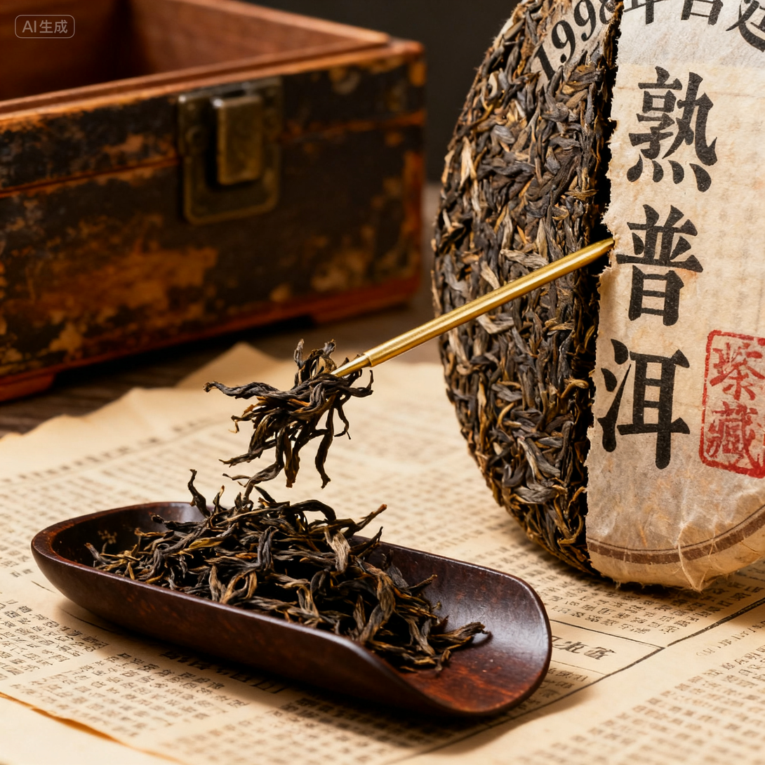 1998 aged ripe Pu-erh tea cake with loose tea leaves in wooden scoop