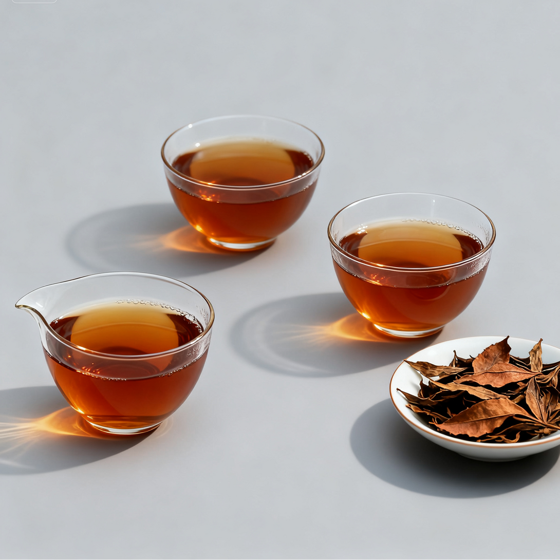 Pu-erh tea tasting set with three glass cups of tea and a dish of loose brewed leaves on gray background