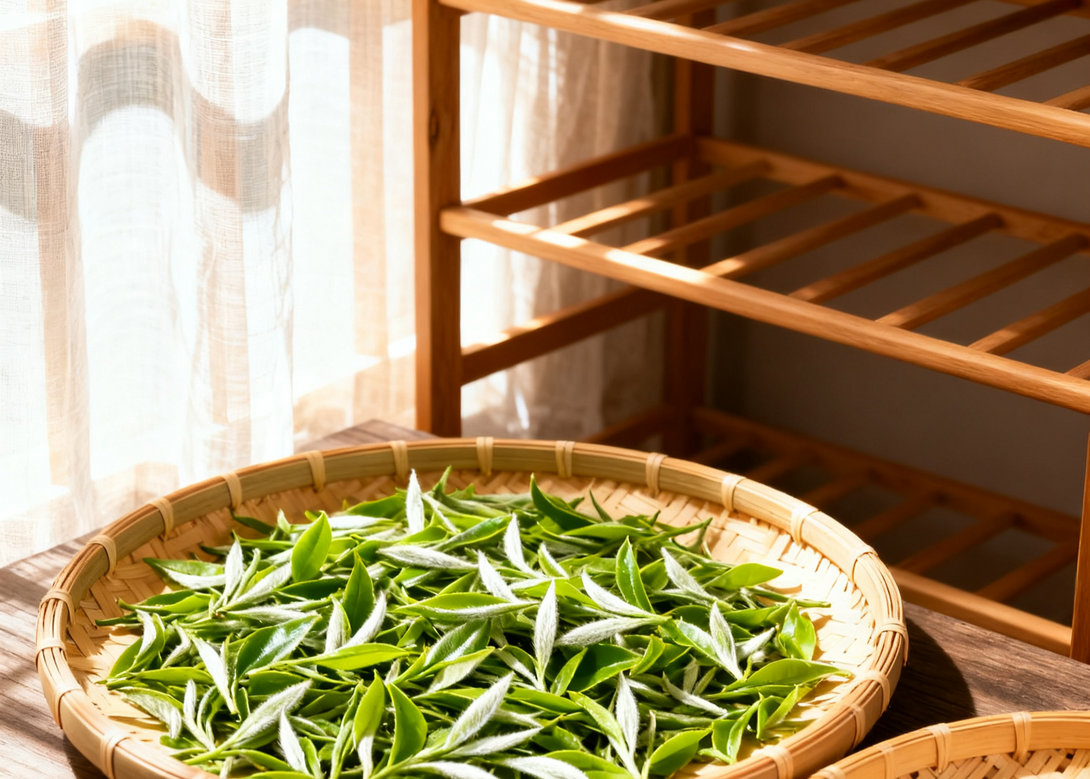 Freshly plucked green tea leaves spread out in a bamboo basket, drying under natural sunlight near a wooden shelf.
