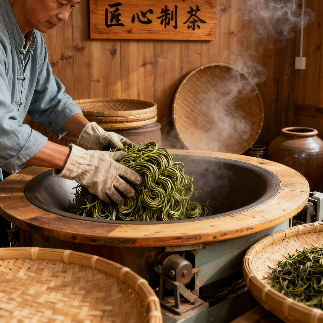 Man stirring freshly processed tea leaves in a traditional wok, with steam rising in a warm tea processing room