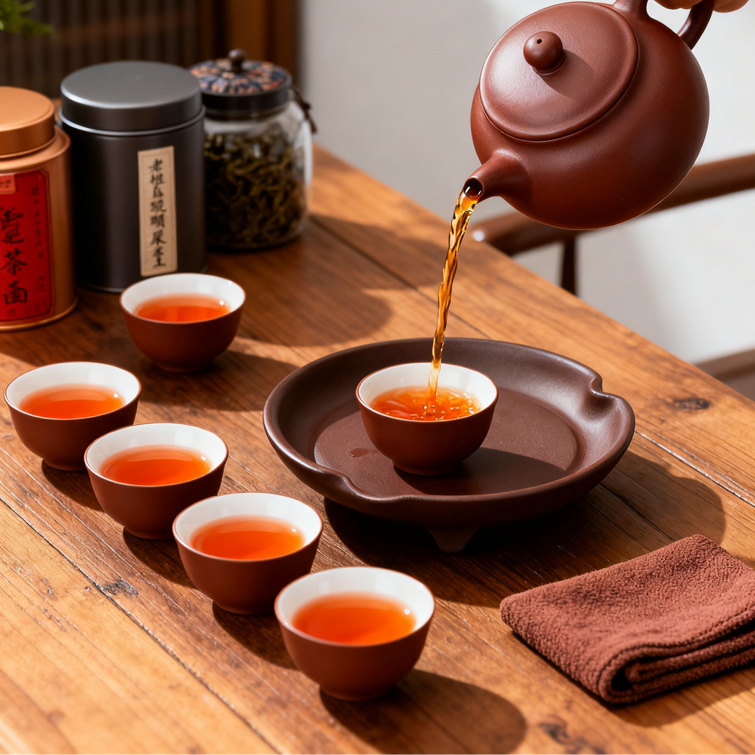 Tea being poured from a teapot into small cups on a wooden table, with tea tins and a towel in the background.