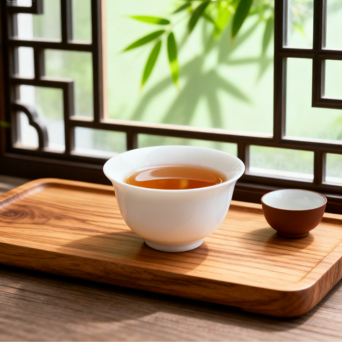 White porcelain tea cup with amber tea on a wooden tray, beside a small brown cup, set against a window with bamboo shadows.