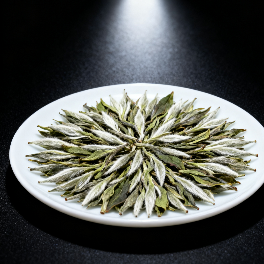 Premium Baihao Yinzhen white tea buds neatly arranged in a floral circular pattern on a white ceramic plate with dark background