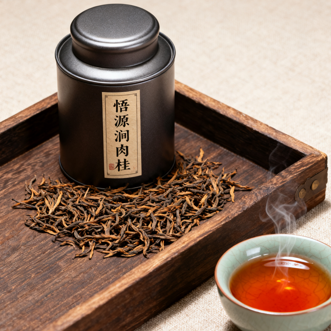 A container of Wuyang Runrougui tea with loose tea leaves spread around it, accompanied by a steaming cup of tea, on a wooden tray.