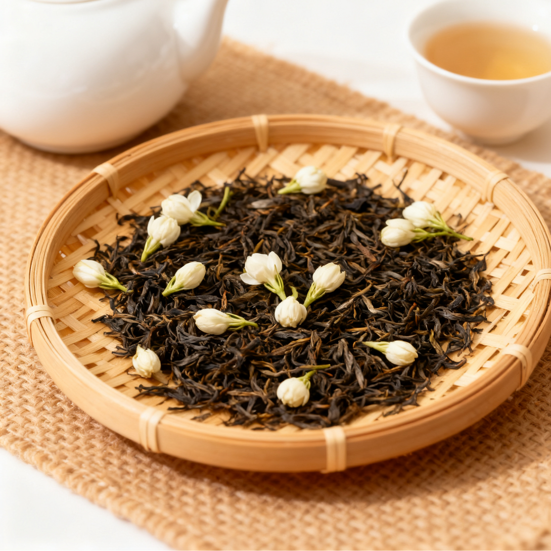 Jasmine tea leaves with jasmine flowers on a bamboo tray, with a cup of tea in the background