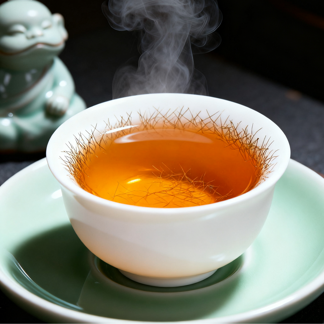 Steaming tea in a white cup with fine tea leaves floating on the surface, with a green ceramic statue in the background