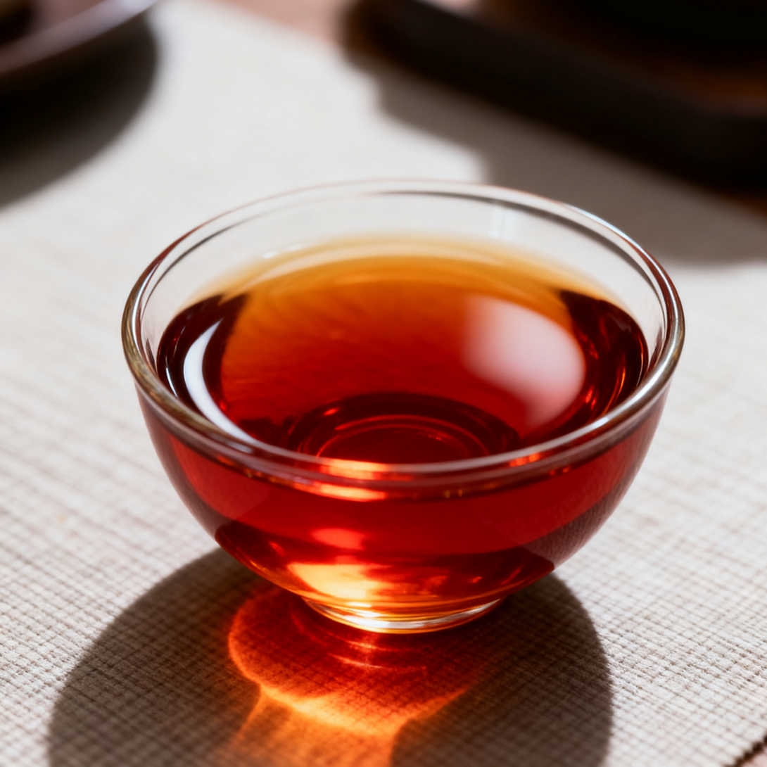 Close-up of glass teacup with bright red Pu-erh tea on fabric table mat.