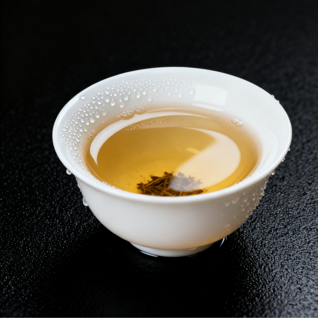 Close-up of a white porcelain cup filled with golden tea, with droplets on the surface and tea leaves at the bottom.