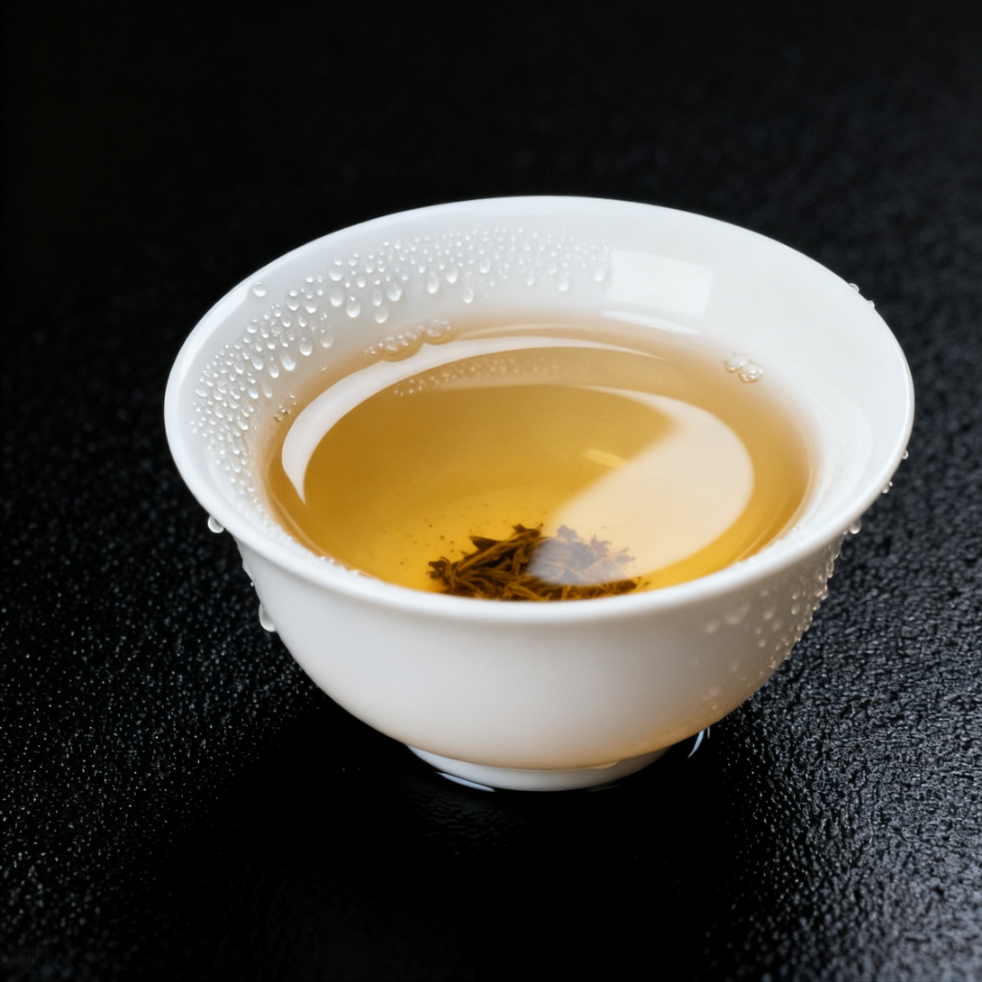 Close-up of white porcelain cup with golden tea and condensation droplets on black textured background.