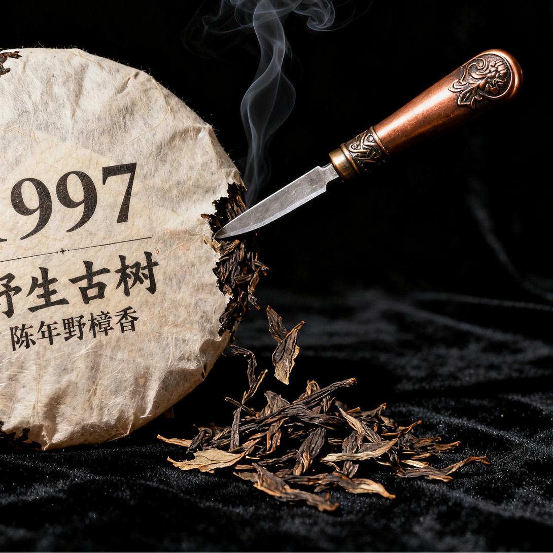 1997 aged raw pu-erh tea cake with tea knife and loose tea leaves on black background.