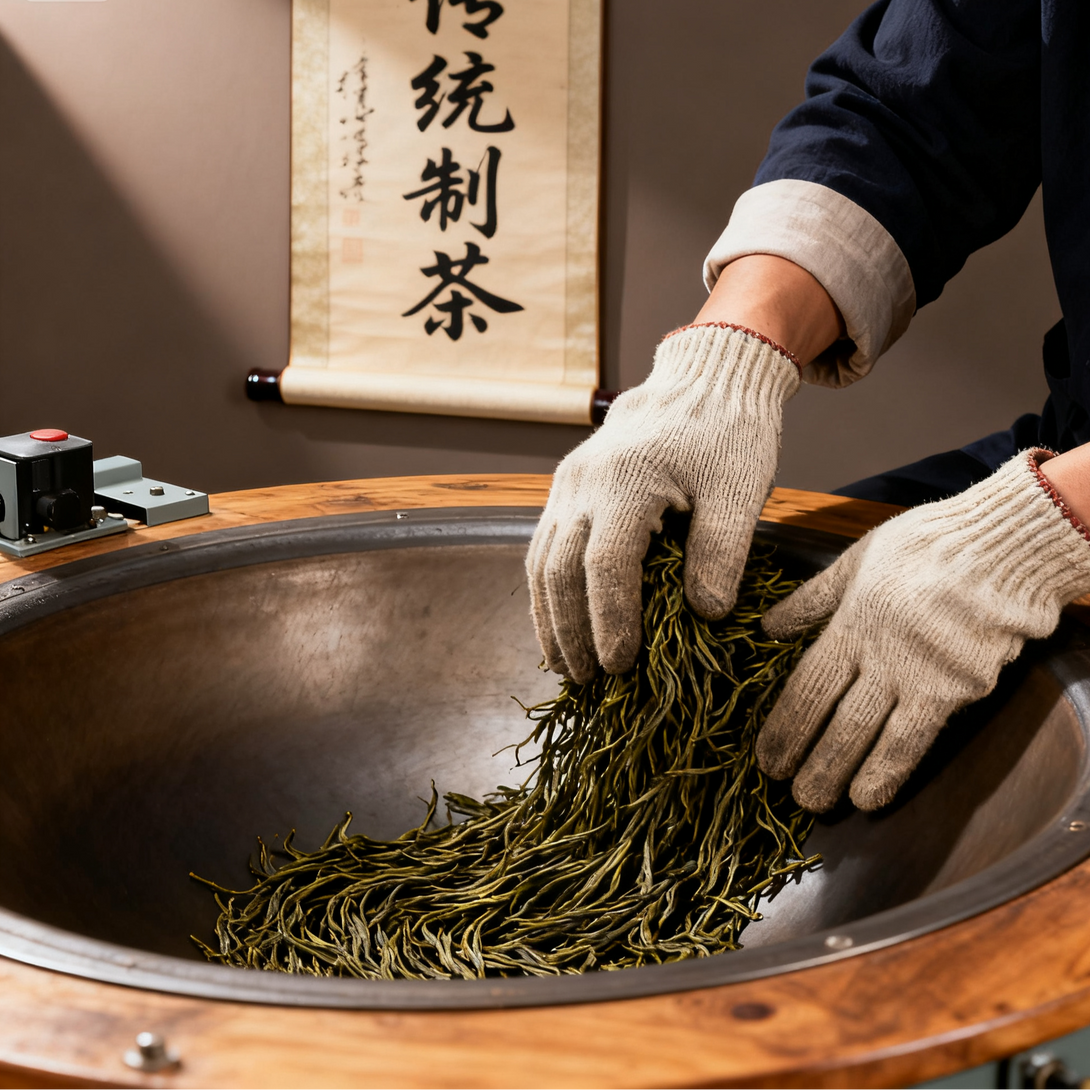 Tea leaves being processed in a traditional tea-making machine with gloved hands, under a scroll with Chinese characters.
