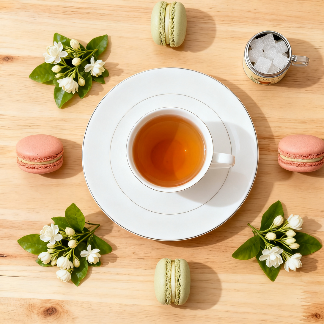 A cup of tea with macarons and jasmine flowers arranged on a wooden table, with a sugar jar and greenery