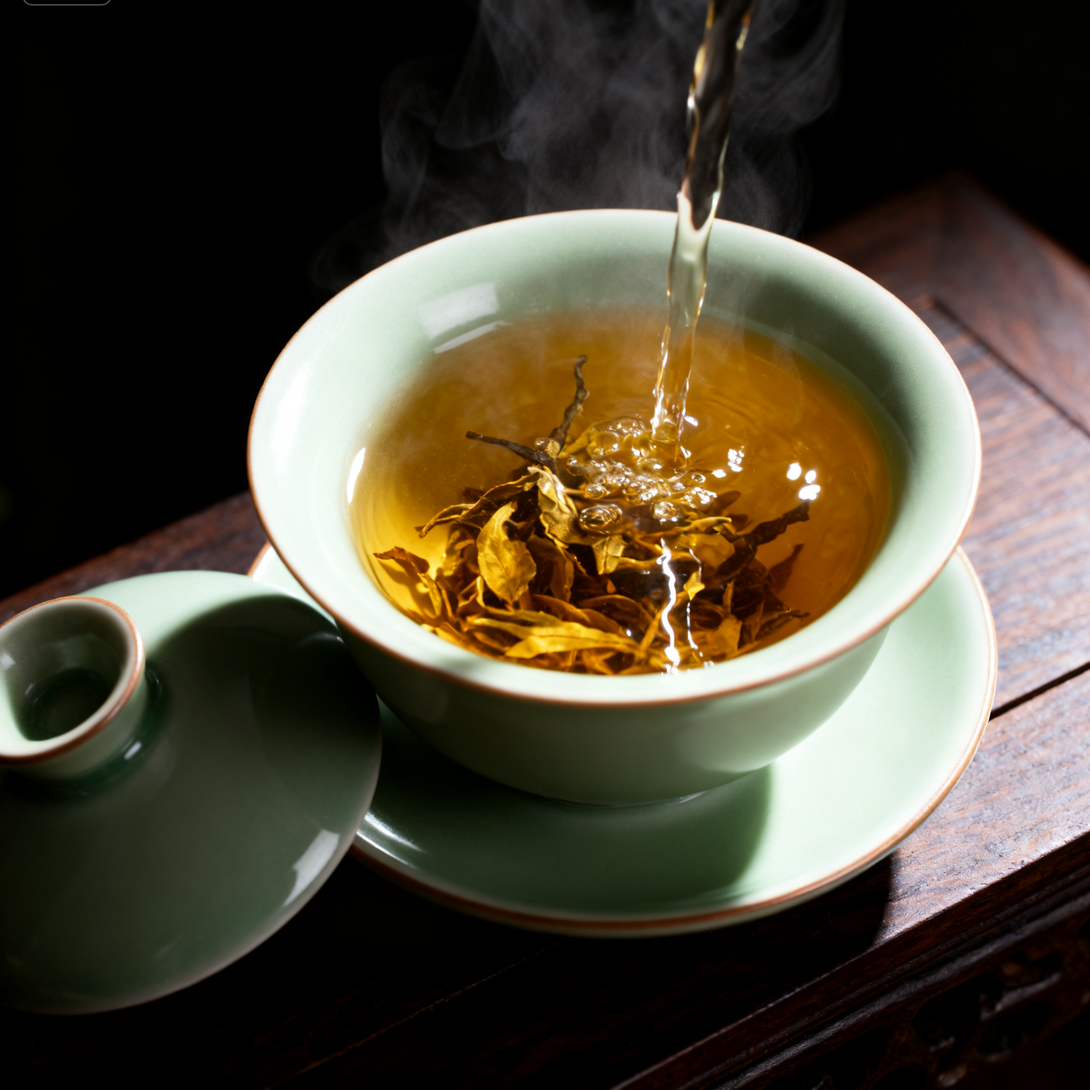 Brewing 2002 White Eyebrow Shoumei White Tea in porcelain teaware