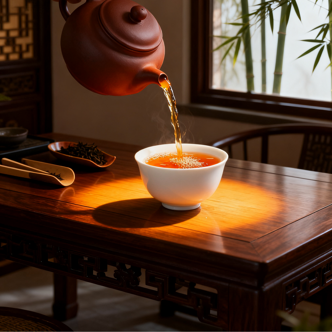 Hot tea being poured from a teapot into a white bowl on a wooden tea table, with a soft light from the window casting a warm glow, accompanied by tea leaves and bamboo decor.