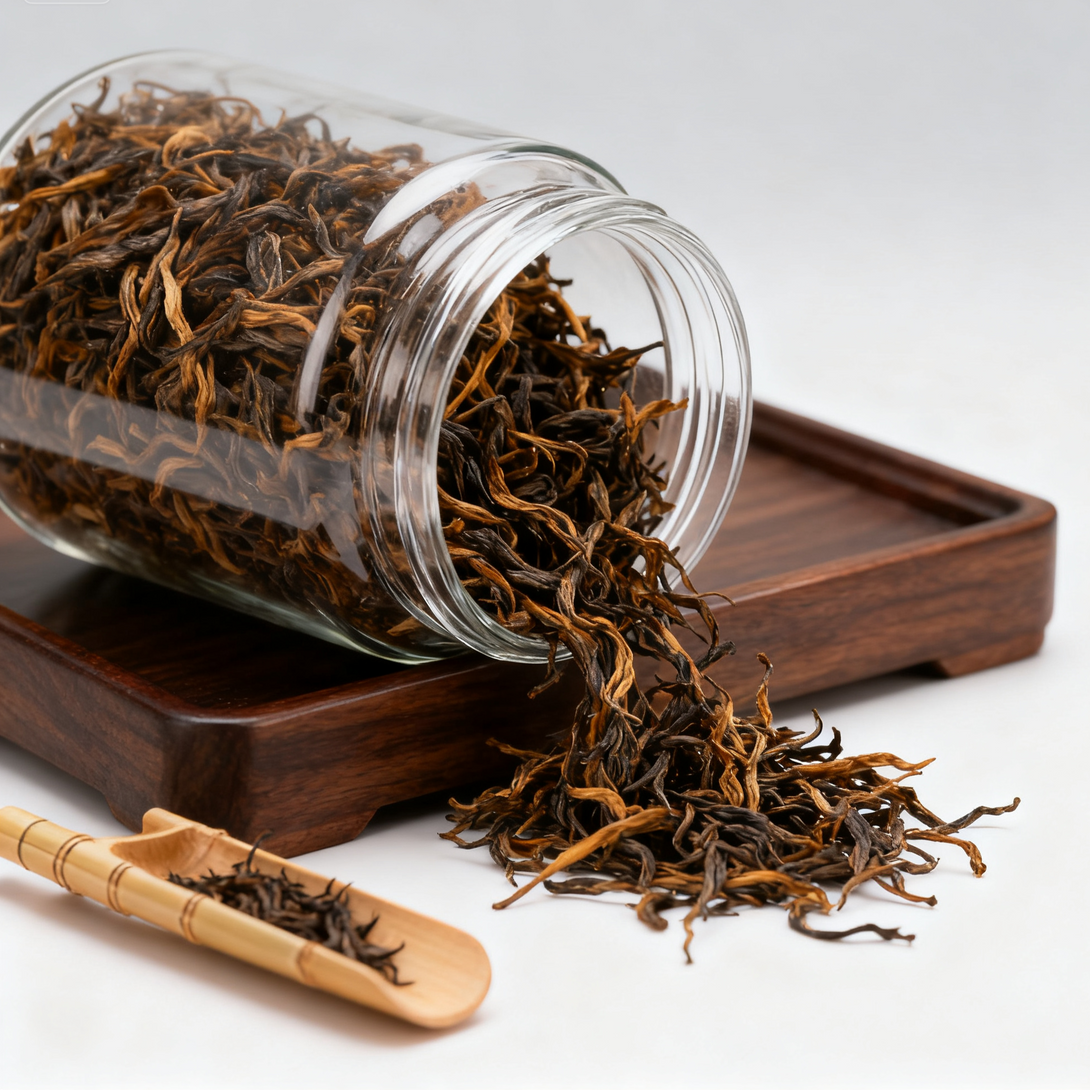 A jar of dried tea leaves spilling over a wooden tray, with a bamboo tea scoop placed beside the jar.