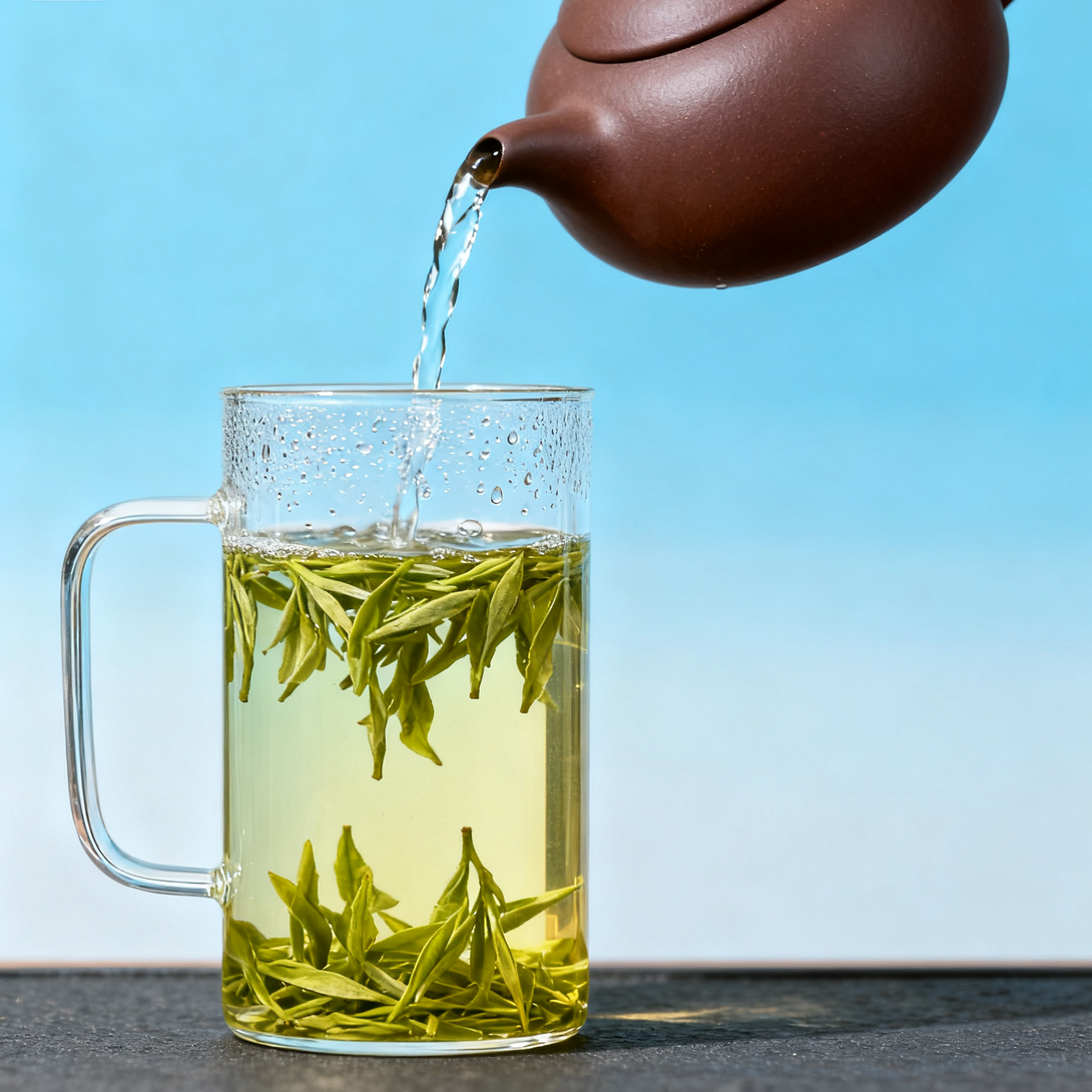 Brown teapot pouring green tea into a clear glass cup with a blue background.