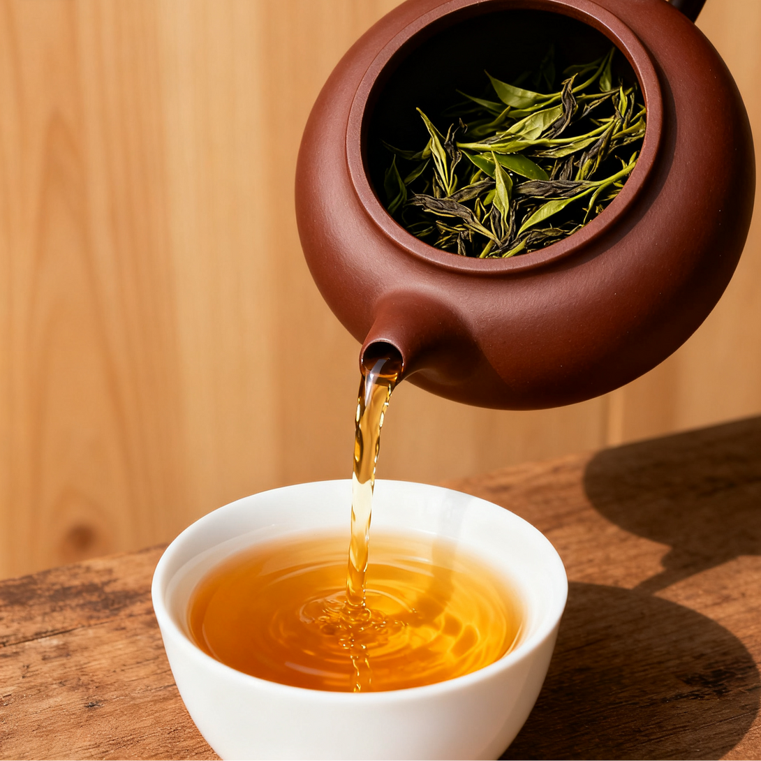 Tea being poured from a teapot into a white teacup with fresh tea leaves inside the teapot