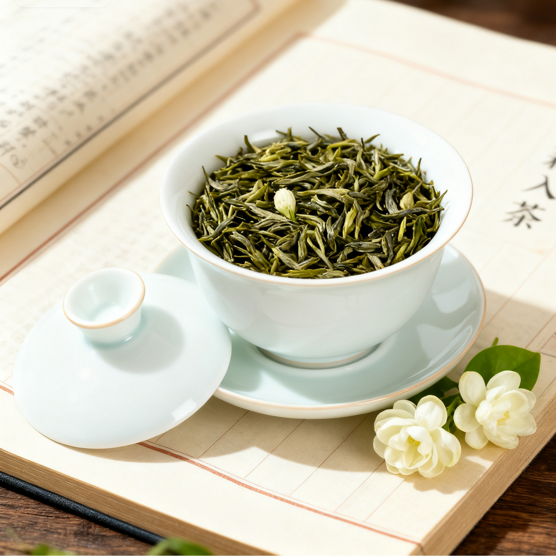 A delicate cup of green tea leaves placed on an open book, with jasmine flowers placed beside it, creating a serene and elegant scene.
